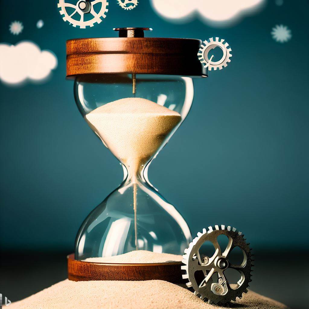 Priorities - what will you do with the time you have left picture with dream clouds, hour glass with sand dropping, gears from clocks