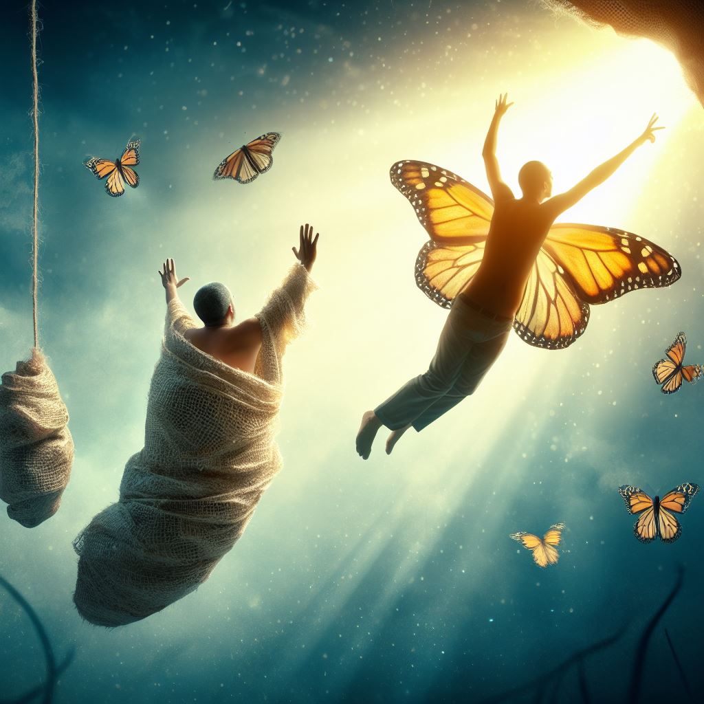A person emerging from a cocoon as a butterfly, symbolizing a new creation in Christ