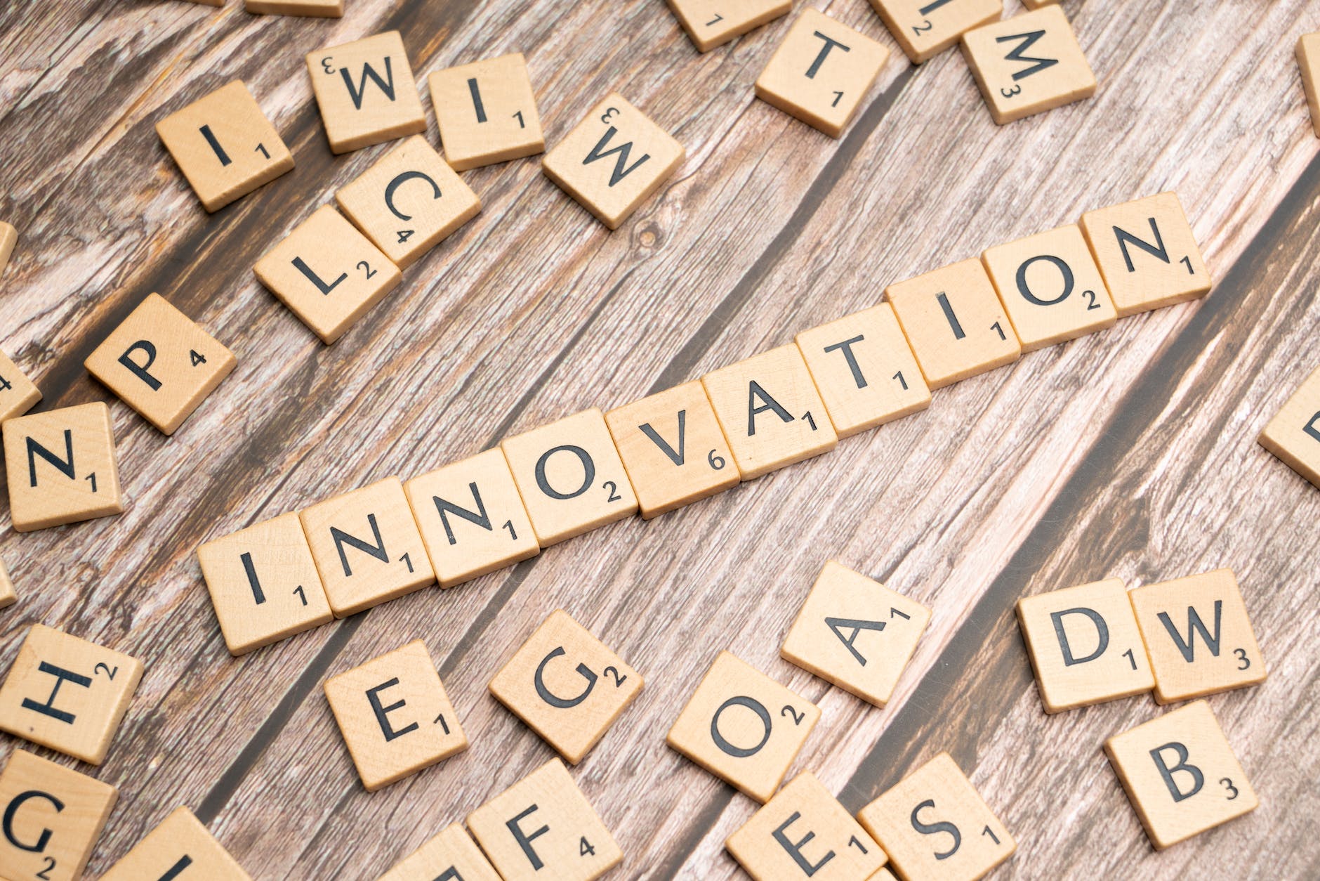 the word innovation spelled out in scrabble tiles