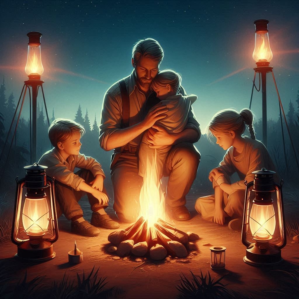 Create an image of a father with his family gathered around a campfire or with oil lamps, symbolizing readiness and patience. The scene should convey a sense of peaceful anticipation, echoing biblical themes of preparedness and trust in God's timing (Ecclesiastes 3:1, Matthew 25:6).