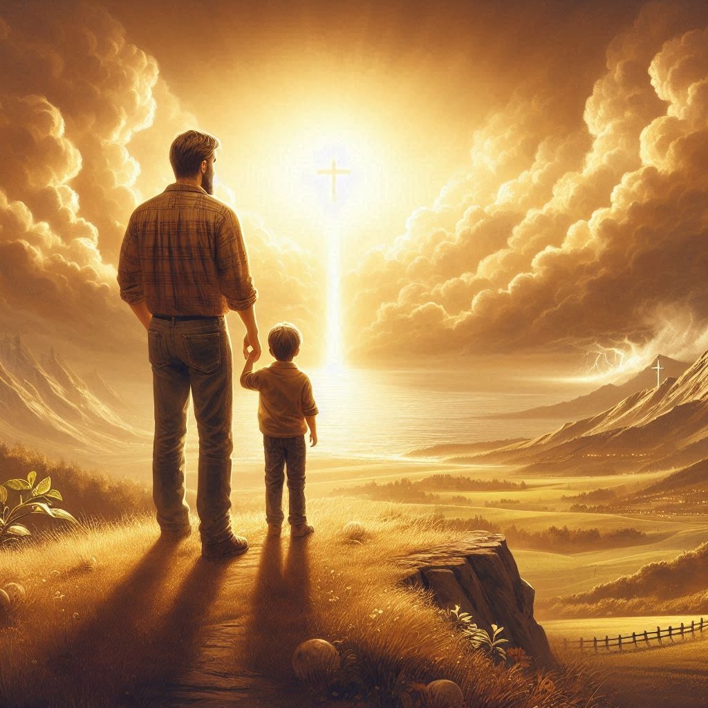 Create a visually inspiring and symbolic image that represents the theme "Faith: Risking and Trusting even when we can't see it." The scene should feature a father figure standing at the edge of a cliff, gazing at a bright path ahead that disappears into the clouds, symbolizing an uncertain future. His hand is held by a young child, showing the trust and leadership of a father leading his family by faith. In the sky above, soft, glowing light forms a cross, symbolizing divine guidance. The background should include subtle references to key biblical stories: Abraham's journey, Job's resilience, and Peter walking on water. For instance, include a distant mountain range (symbolizing Abraham's sacrifice), a stormy sea (recalling Peter's walk), and a peaceful field (alluding to Job's restoration). The image should be warm and uplifting, with a golden light illuminating the path ahead, symbolizing God's promises. The overall mood should convey trust, hope, and divine guidance.