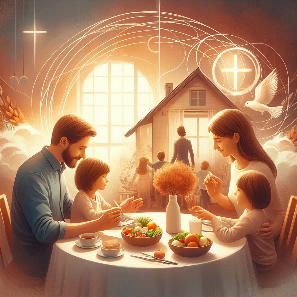 Create an image depicting a harmonious and unified family scene. The image should feature a father and mother with their children in a warm, loving setting that symbolizes unity and peace. The father and mother should be shown working together, perhaps engaging in a meaningful conversation or sharing a moment of connection, while the children are actively involved and engaged. Include elements such as a family dinner or a peaceful home environment. Incorporate subtle symbols of biblical values, such as a gentle cross in the background or a soft light symbolizing divine presence. The overall mood should be one of warmth, togetherness, and love, reflecting the biblical principles of harmony and unity in relationships.